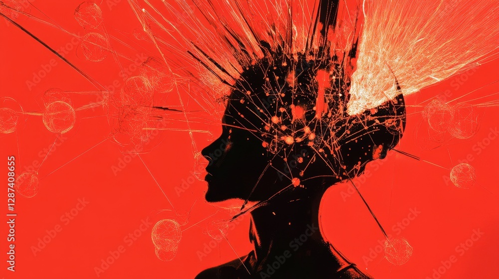 Poster neural tech visual with a human brain emitting digital connections, set against a bold red backgroun