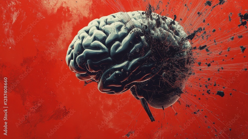 Poster neural tech visual with a human brain emitting digital connections, set against a bold red backgroun