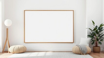 Empty wooden poster frame hanging on a wall in cozy living room interior mockup, interior, poster