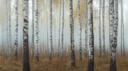 Obraz premium Serene birch forest in early spring with mist covering the dense forest floor. Close-up shot of repeating tree trunks fading into the distance, featuring soft pastel colors and a watercolor effect.