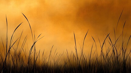 Silhouetted Grass Against a Warm Orange and Brown Atmospheric Background