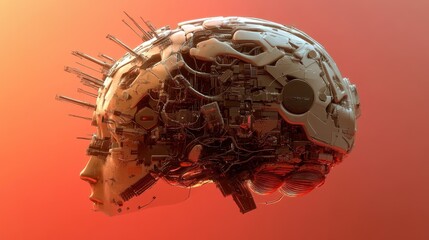 Neural technology integrated with a digital human brain on a glowing red gradient background