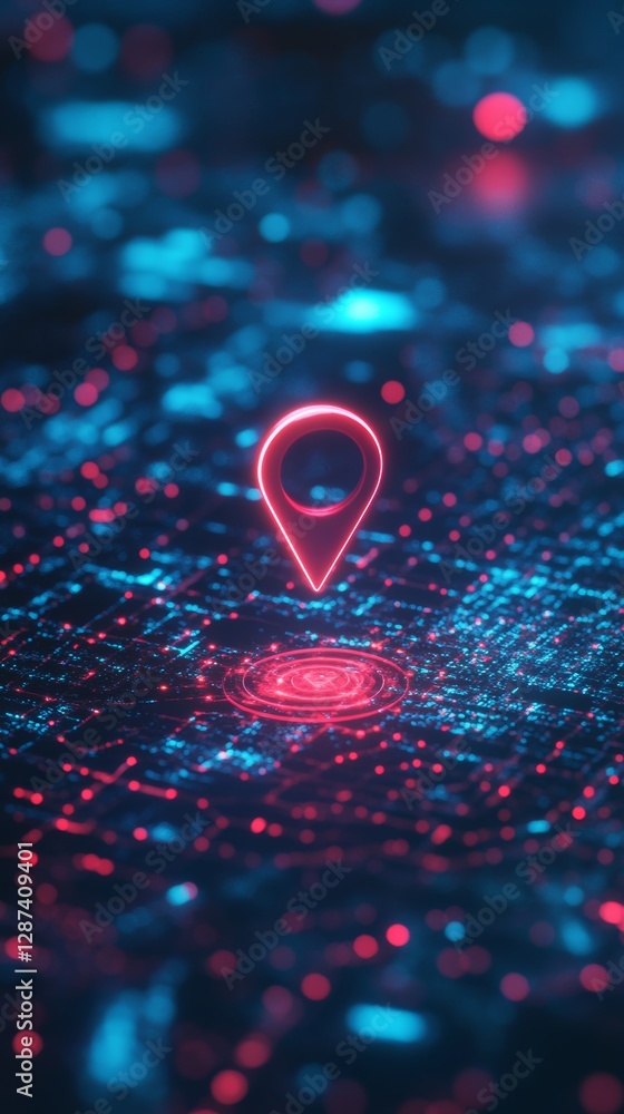 Poster glowing red location pin over digital cityscape with blue light effects at night. navigation and tec