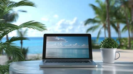 Minimalist workspace with mockup laptop, coffee cup, and potted plant on a white table, featuring a blank screen for advertising, branding, or website presentation in a clean and modern office setting