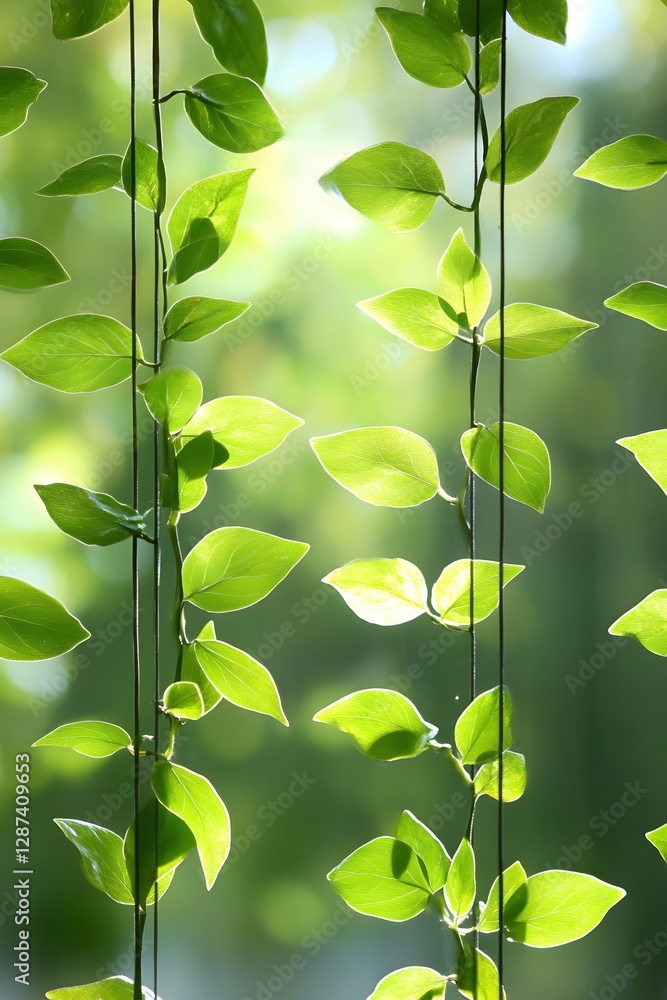 Poster serene greenery hanging vines with backlit leaves against a soft bokeh background in a natural light
