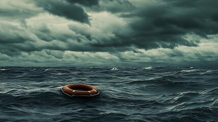 Orange Life Raft in a Dark Stormy Sea