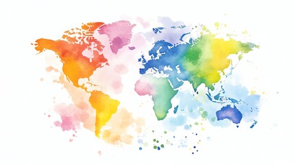 Colorful watercolor world map on white isolated background.