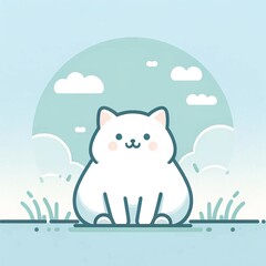 A minimalist illustration of a cute, chubby cat sitting peacefully on a grassy hill. A generative AI illustration.