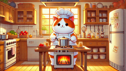 Anime-style illustration of a chubby orange and white cat cooking. A generative AI illustration.
