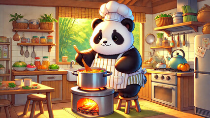 Anime-style illustration of a chubby panda cooking in a cozy kitchen. A generative AI illustration.