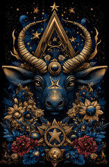Fototapeta premium Gold and blue painting of a bull with horns and a star on its forehead. The painting is full of flowers and stars, giving it a mystical and spiritual feel