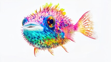 Obraz premium Playful neon-themed pufferfish in bold colors, set against a white background.