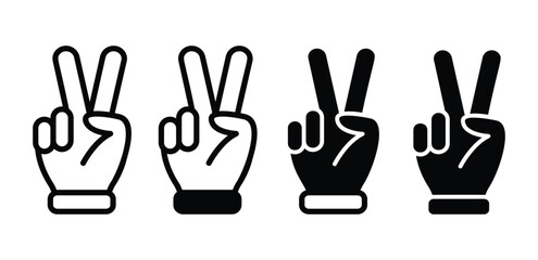 hand gesture V peace symbol sign icon vector design black white outline and black solid illustration set isolated