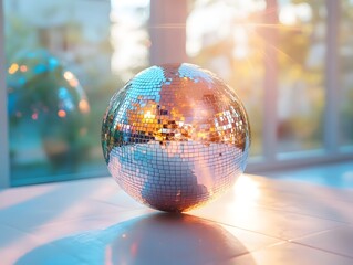 Shiny disco ball on a table reflecting sunlight in an outdoor setting during the day