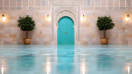 Fototapeta premium Teal door, Moroccan architecture, reflecting pool