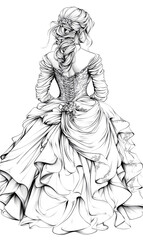 Fototapeta premium A woman in a white dress with a long train. She is wearing a corset and has a flower in her hair