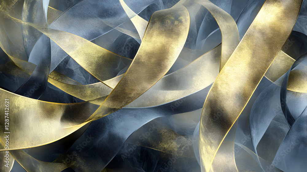 Poster close up view of multiple gold ribbons arranged together in a decorative display