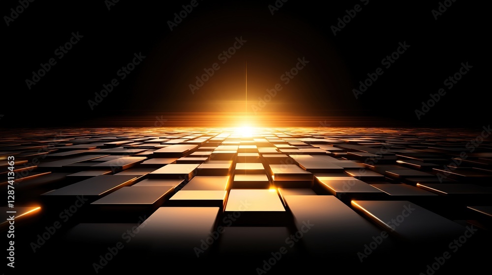 Poster abstract sunset over grid pattern with reflective surface in black