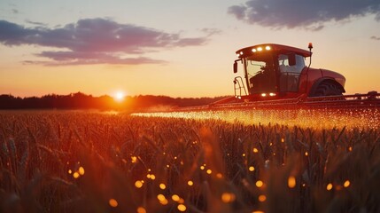 Fototapeta premium Sunset Tractor Spraying Wheat Field