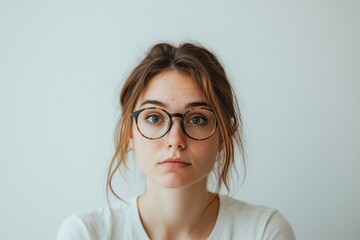 The portrait depicts a serious woman wearing glasses and staring straight ahead