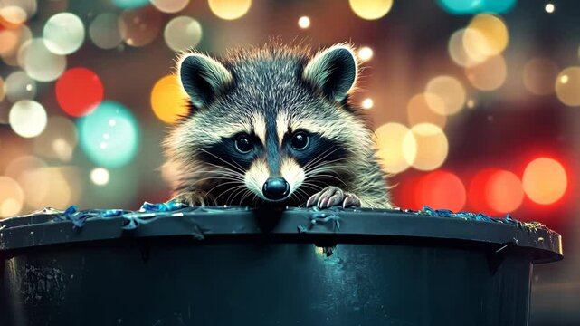 Raccoon rummaging through urban trash at night under colorful city lights