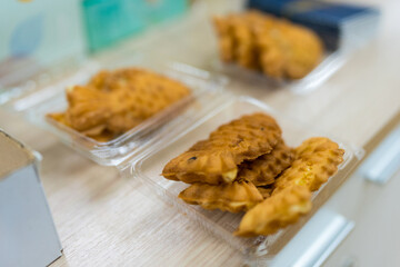 Shrimp cakes are food made from ground shrimp fried in oil. Served with sweet dipping sauce. Thai food.