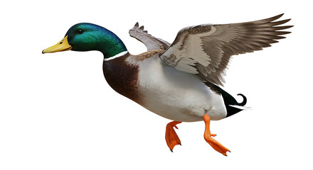 Mallard Duck Flying Against White Background With Wings Spread Beautifully
