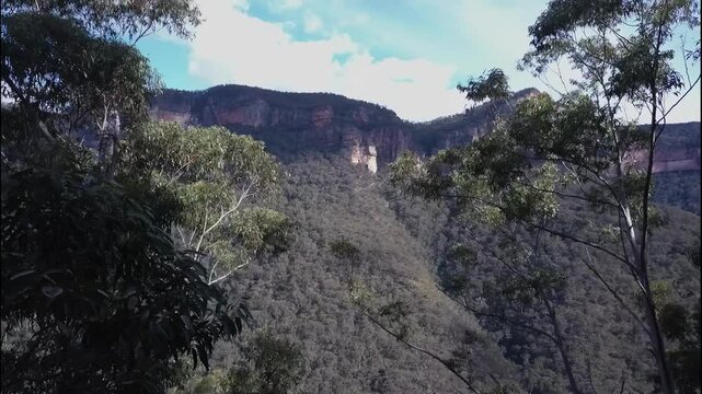 View From Bushland Of Perrys Lookdown On Grose Valley, Blue Mountains, NSW, Australia. drone shot