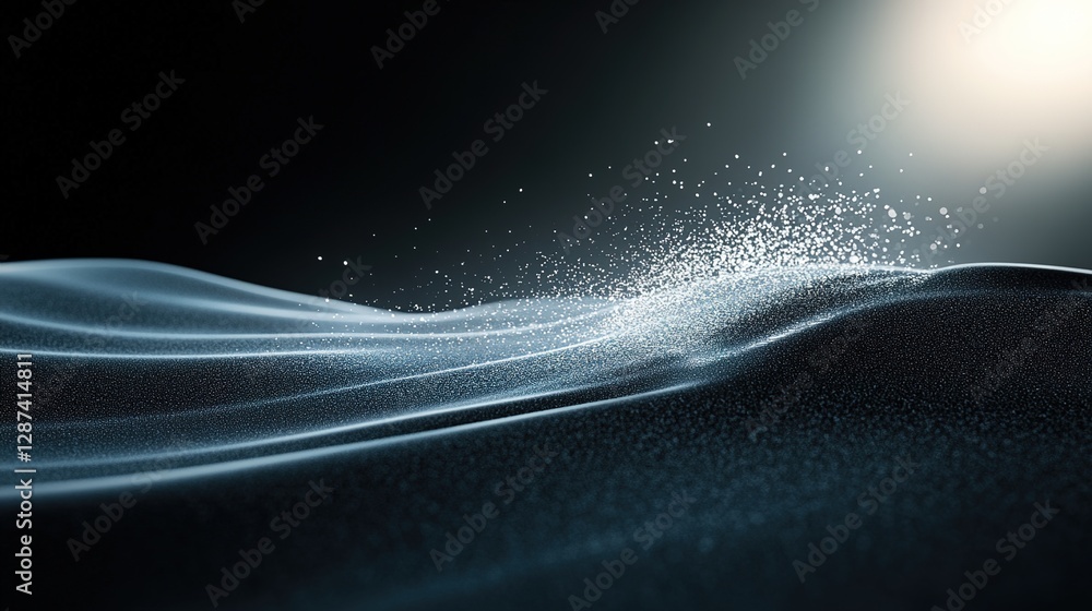 Poster abstract soft waves with shimmering dust particles in dark background
