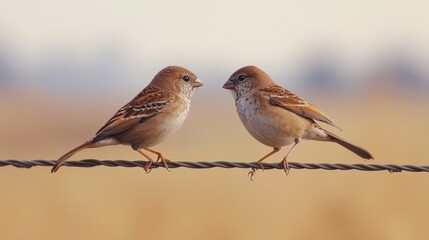 Scaly-breasted munia birds resting on a wire; one bird on the left starts to hop toward another in dynamic movement