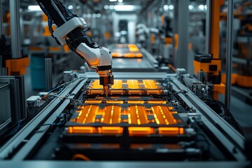 Robotic Arm Assembling Illuminated Battery Cells in Factory