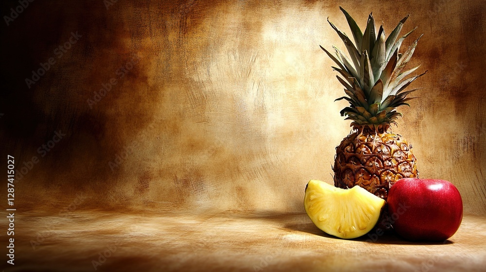 Poster fresh pineapple with apple and pineapple slice on rustic background