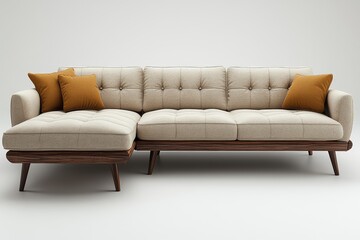 Fototapeta premium Modern beige fabric sofa with chaise lounge and wooden legs, front view on white background, contemporary furniture design.
