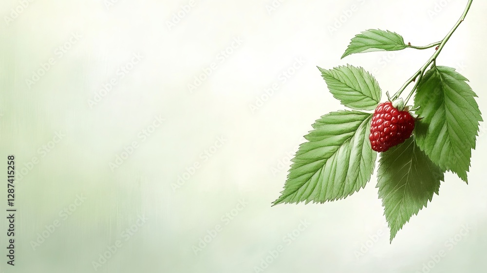Poster fresh raspberry with green leaves on soft light background