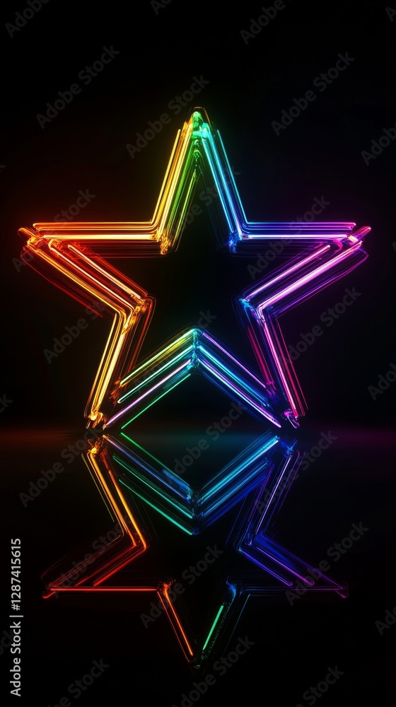 Poster neon rainbow star shape glowing against a black background with reflection on the surface. vibrant l