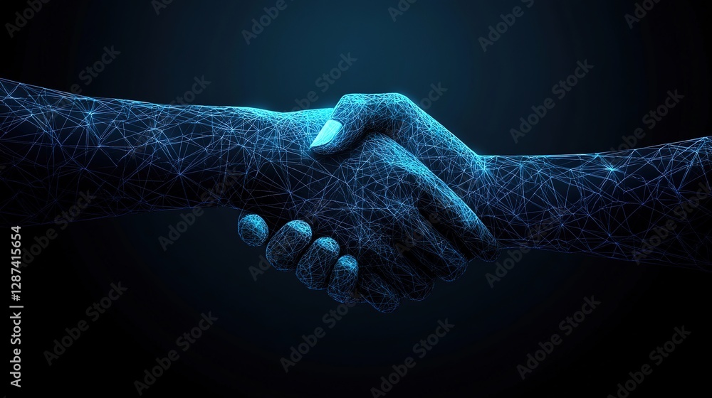 Poster digital hands shaking in network connection representing partnership