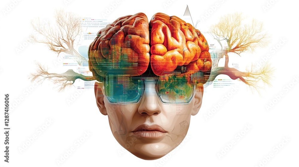 Poster conceptual artwork of human brain with data and nature elements
