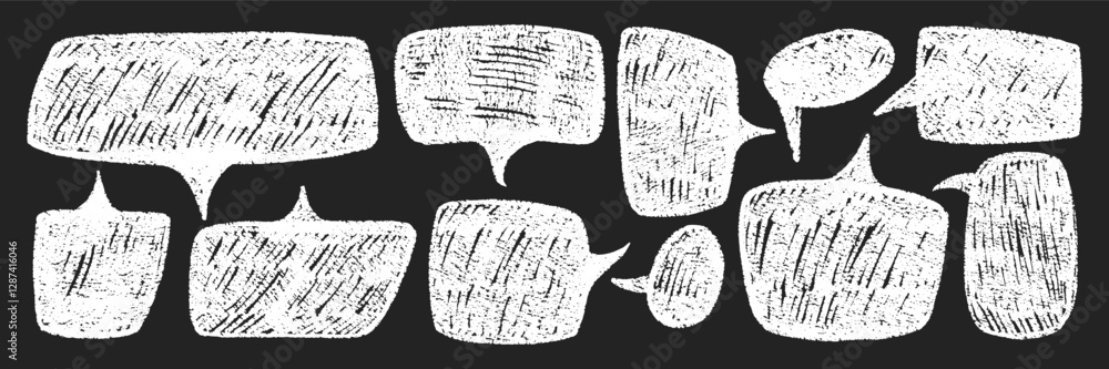 Poster set of speech bubbles with chalk, pencil and crayon texture in black color. handwriting text boxes f