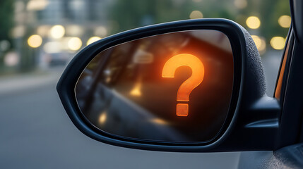 Orange Question Mark Reflected In Vehicle's Side Mirror At Night Time Landscape Scenery Blurred Background Lighting Bokeh Effect On Mirror Surface