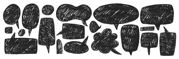 Vector set features hand-drawn speech bubbles, using pencil and crayon textures. Text boxes is a pastel doodle for conversations.