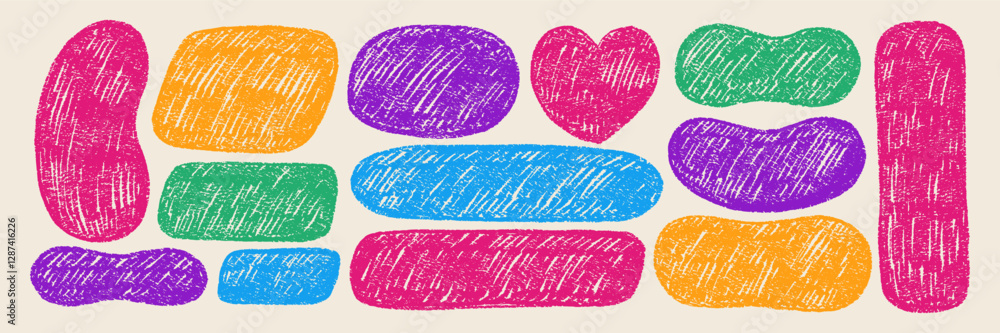Aufkleber set of abstract blob shapes of heart, oval and text box with rough texture. hand drawn figure with c