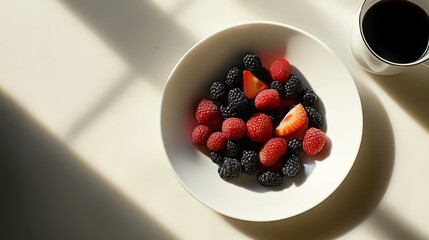 On a white plate, a variety of fresh fruits and berries are carefully arranged, and the overall picture is full of vitality and vitality, conveying a healthy and delicious atmosphere.