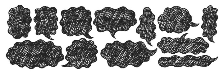 Comic speech bubbles drawn in a sketch style with organic texture. Text boxes with chalk and crayon texture for a chat or dialog. Vector illustration.