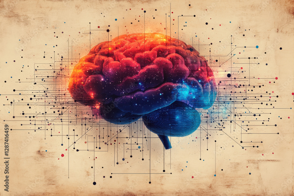 Poster a colorful brain with a lot of lines and dots surrounding it