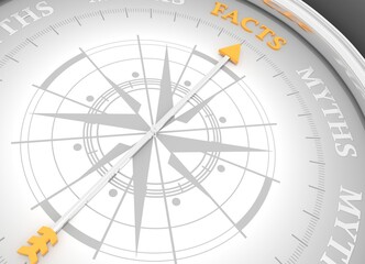The needle of compass points to the word facts ignoring the words myths. Religion, science and business concept of opposites, decisions, and uncertainty. 3D render