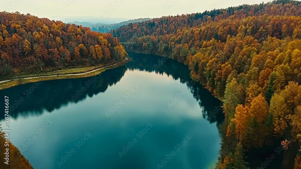 Poster autumn landscape with a serene lake surrounded by colorful trees in a tranquil setting