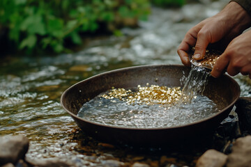 a gold miner is cleaning gold ore on the river bank