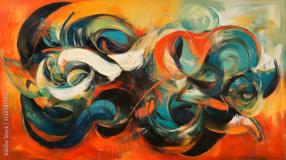Poster Painting of three abstract shapes in bold colors and unique forms on canvas