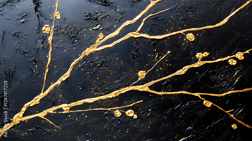 Poster close up of a black and gold abstract painting with intricate textures and patterns