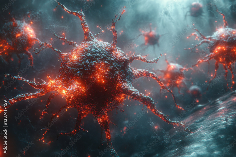 Poster a bunch of glowing red and blue blobs that look like they are floating in space
